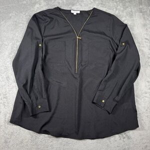 Calvin Klein Women’s Black Sheer Blouse 1X Gold Zipper V-Neck 3/4 Sleeve Top